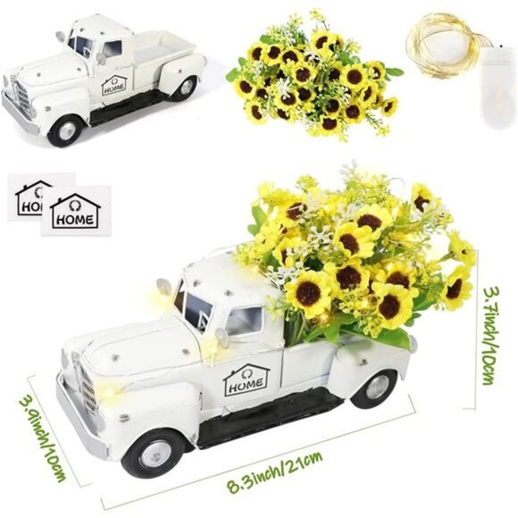 Vintage White TruckDecor with Sunflowers ArtificialFlowers Farmhouse Table Decor - Picture 2 of 7